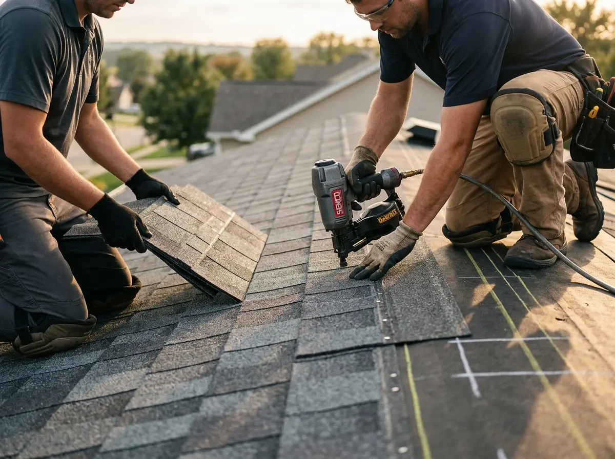 Professional roofer working on a residential roof in Benton Harbor